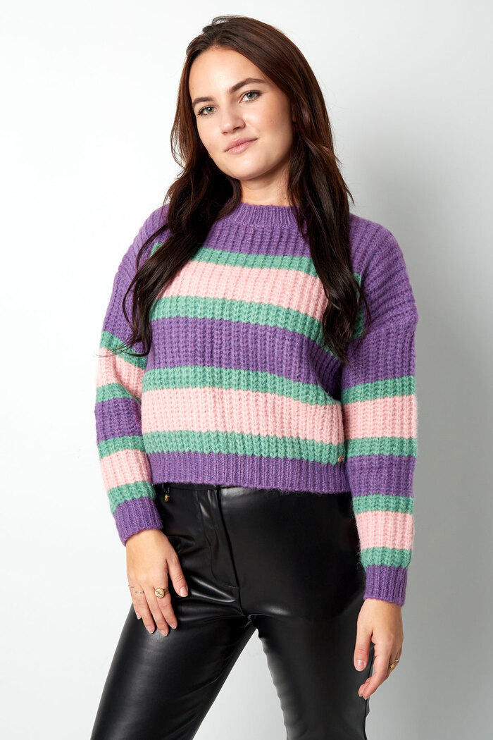 Pull tricoté tricolore à rayure - rose orangé Image3